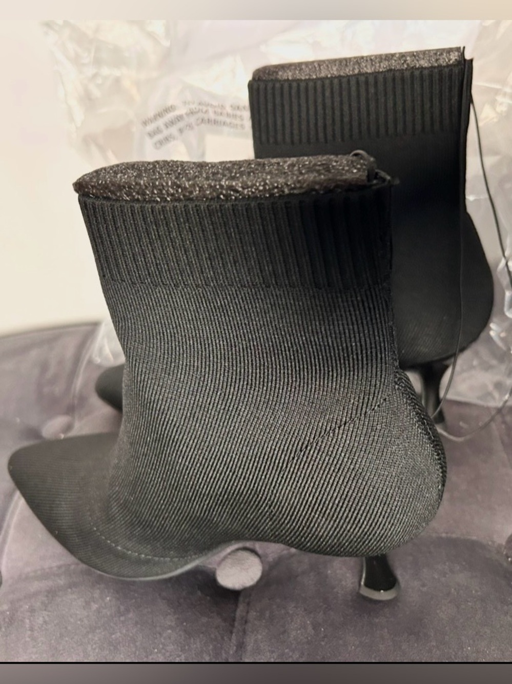 Women's Black Knit Sock Ankle Boots with Curved Heel Sz 8